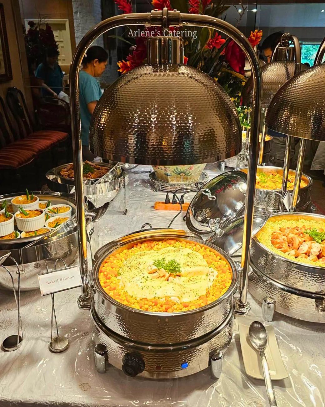 A creamy dish in a gold chafing tray
