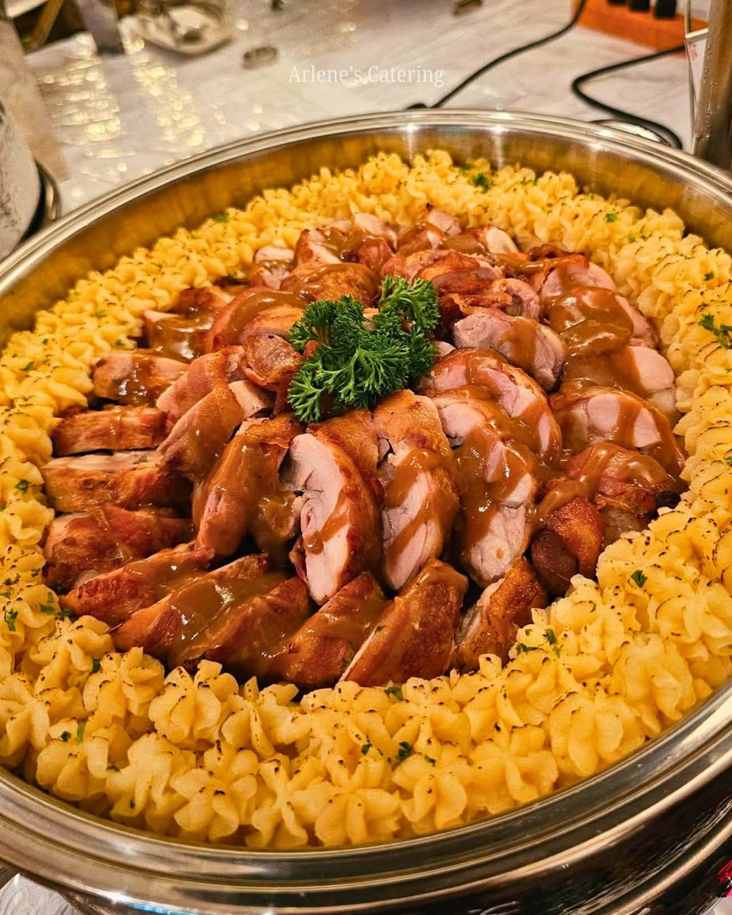 A whole roast meat platter, a real Arlene's Catering centerpiece dish
